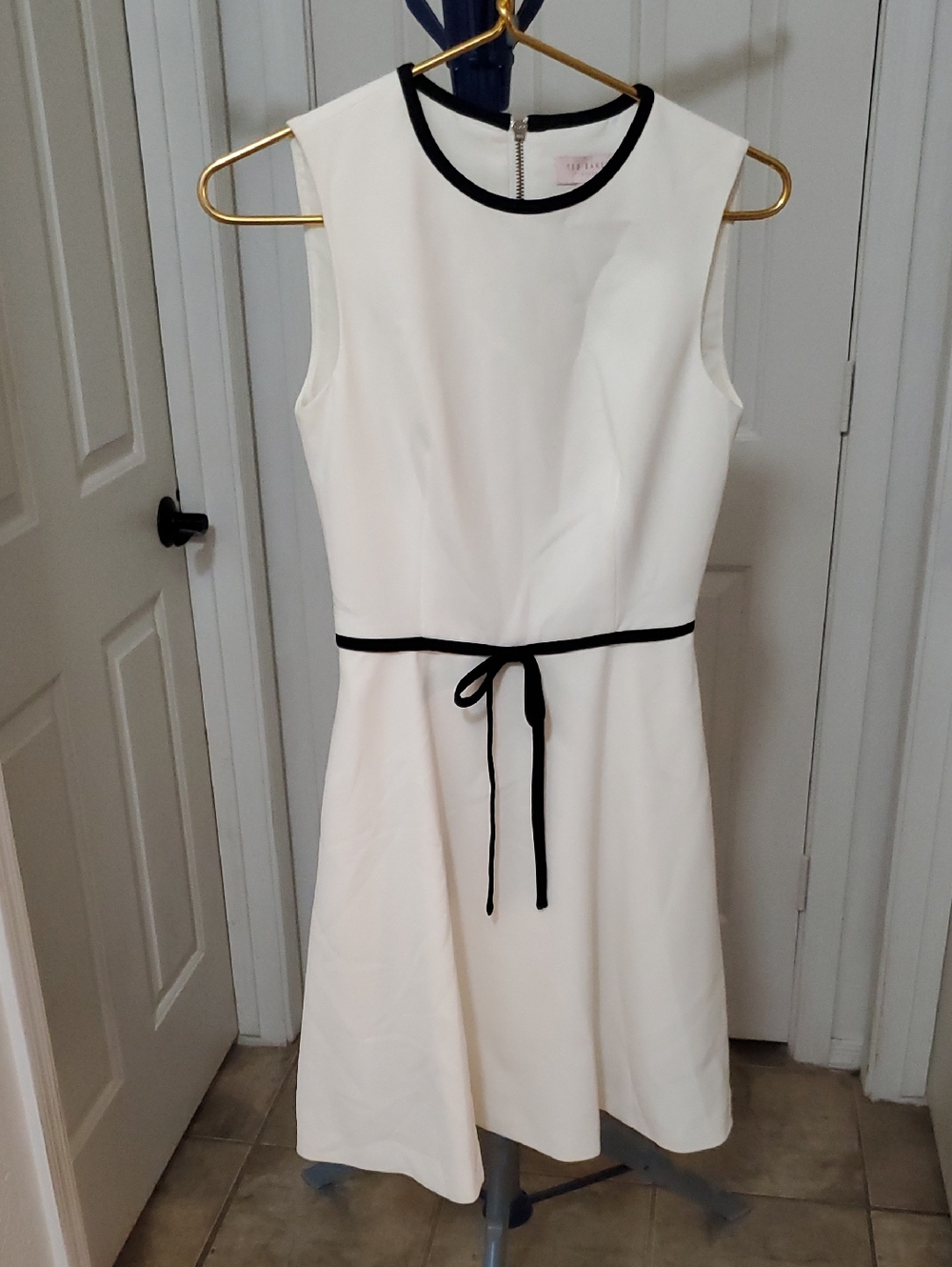Ted Baker London White Sleeveless Midi Dress with Black Trim and Tie